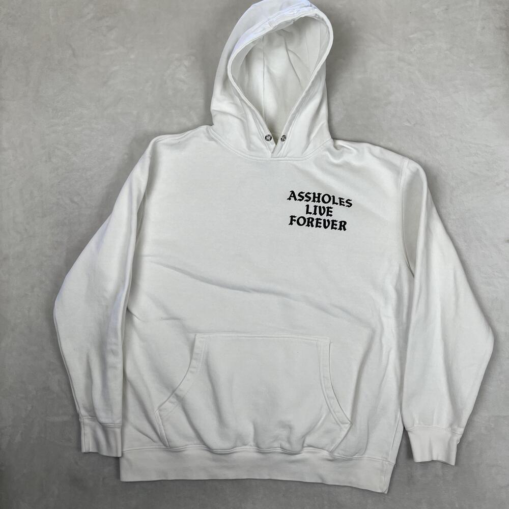 Assholes*s Live Forever Hoodie Mens Large White Fleece Pullover Sweatshirt
